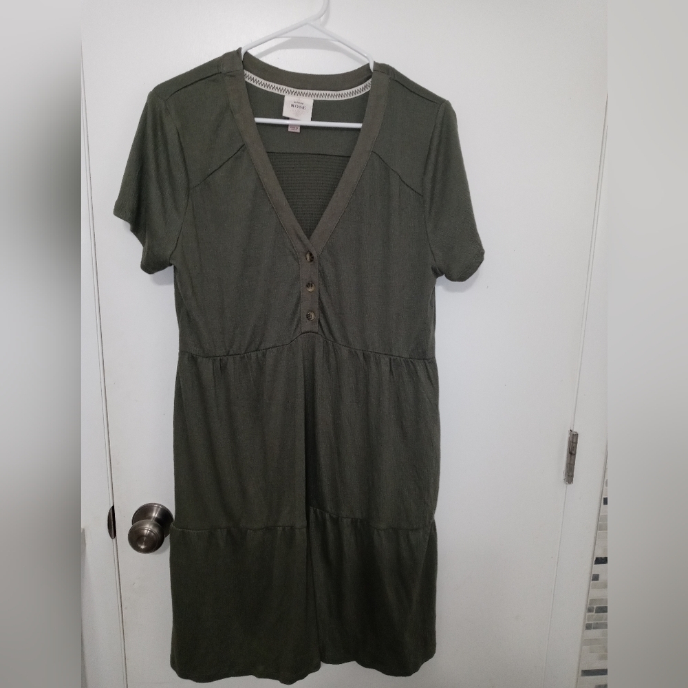 Knox Rose Sage Green V Neck Henley Short Sleeve Prairie Style Midi Dress L